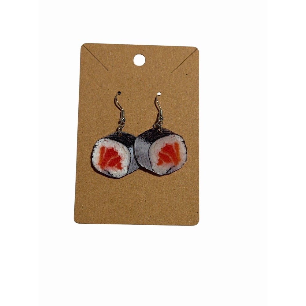 Handmade Sushi Roll Dangle Earrings Salmon Maki Foodie Jewelry Silver Tone Hook